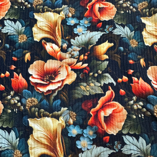 Floral Illustrations on Bamboo/Spandex Rib Knit Fabric