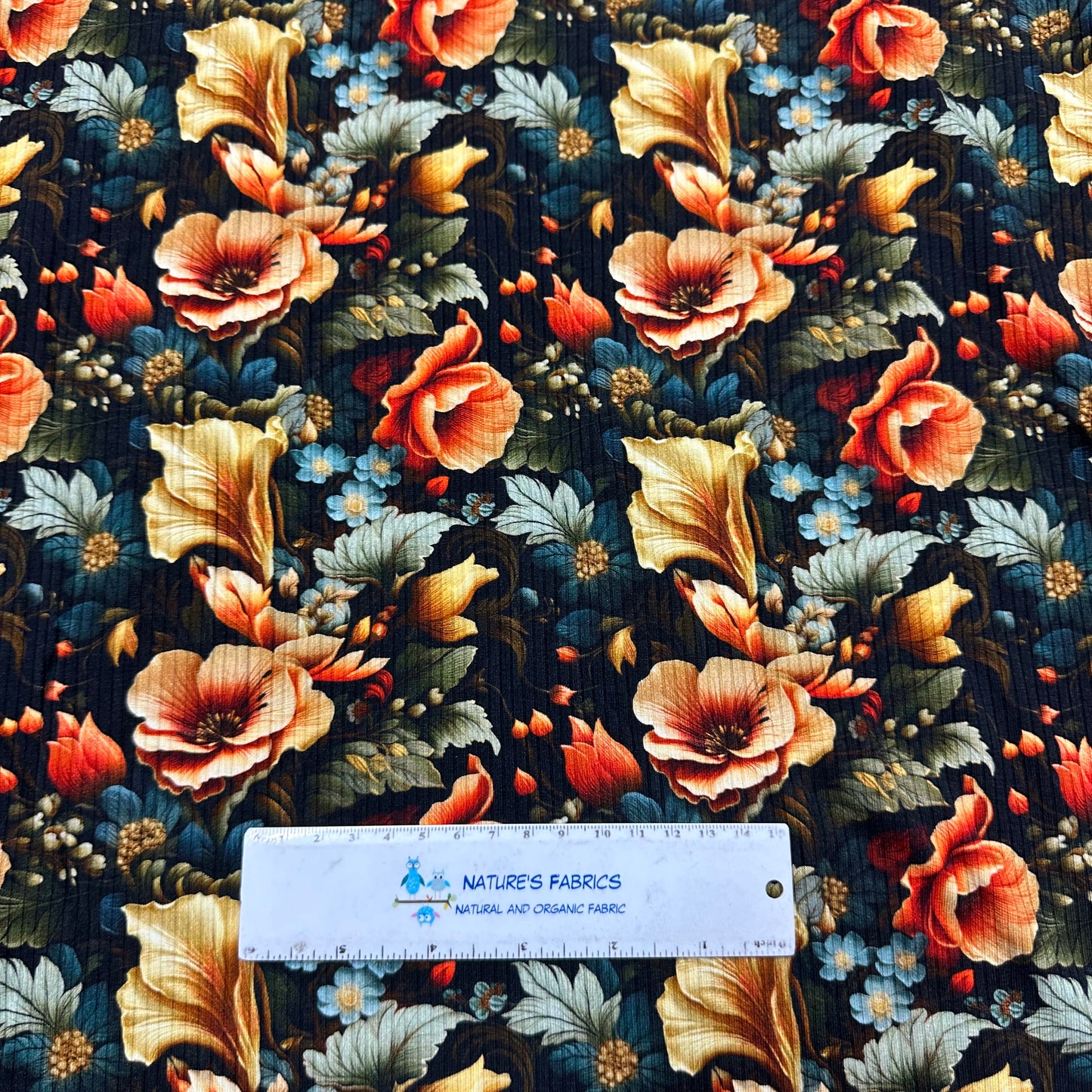 Floral Illustrations on Bamboo/Spandex Rib Knit Fabric